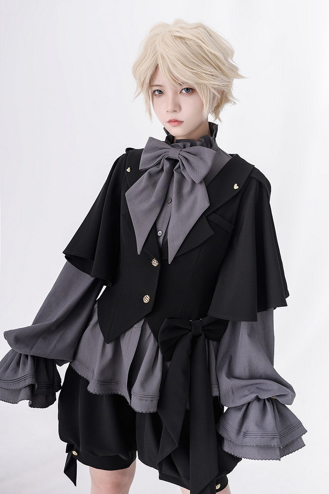 Lolita Shirt Grau Poet Ärmel Rüschen Mode Ouji Ausschnitt Bischof