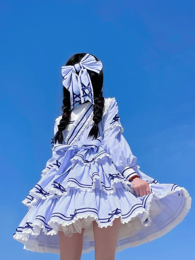 Sailor Striped OP Set Skirt Summer Full Lolita Pattern Dress Blue Tiered