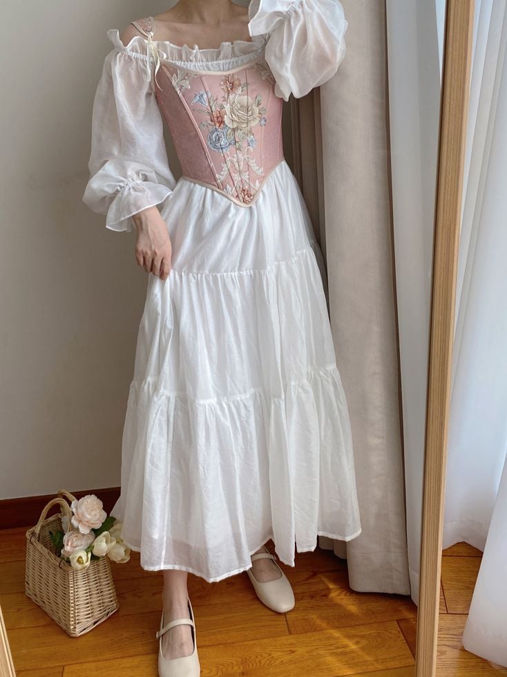 Pink Floral Scoop Neckline Corset