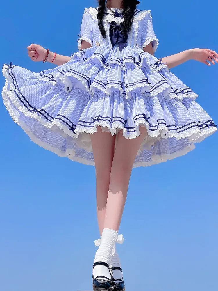 Sailor Striped OP Set Skirt Summer Full Lolita Pattern Dress Blue Tiered