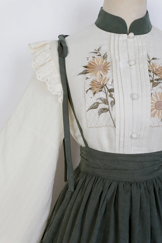 Sunflowers Embroidery Set + Tiered Sunflower Blouse Skirt Green with Charm Beige
