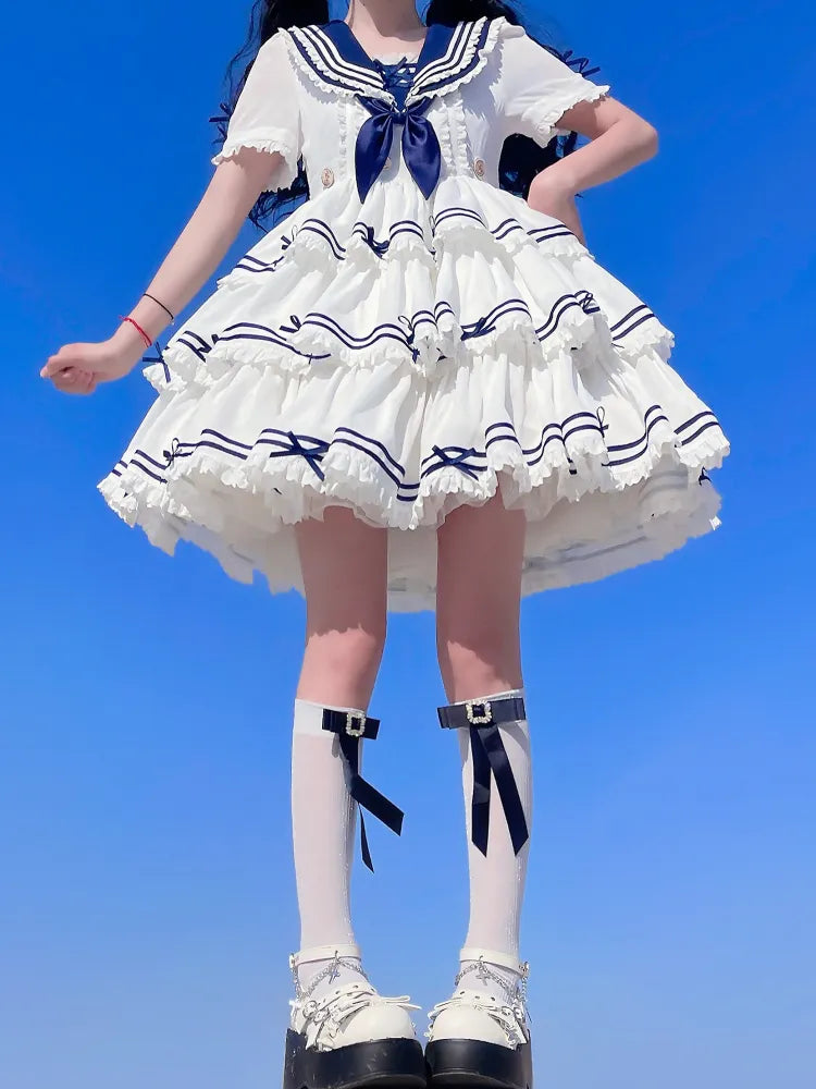 Full Sailor Lolita Skirt Set Summer Dress Tiered White OP