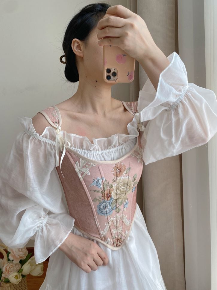 Pink Floral Scoop Neckline Corset