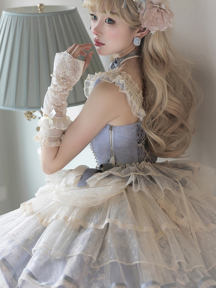 Details Top Corset Bows Two and Blue with Bead Boned