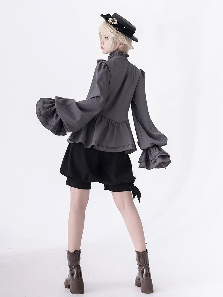 Lolita Shirt Grau Poet Ärmel Rüschen Mode Ouji Ausschnitt Bischof