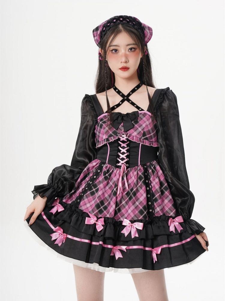 Neckholder-Rosa-Kariertes Langarm-Einteiler-Idol-Kleid