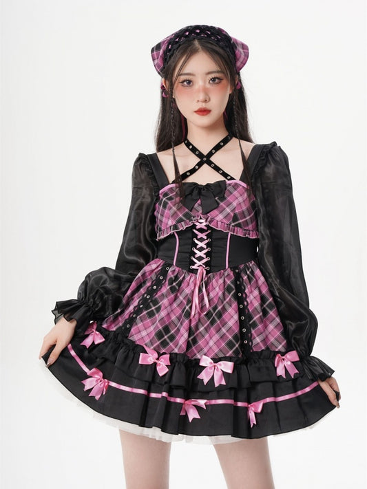 Neckholder-Rosa-Kariertes Langarm-Einteiler-Idol-Kleid