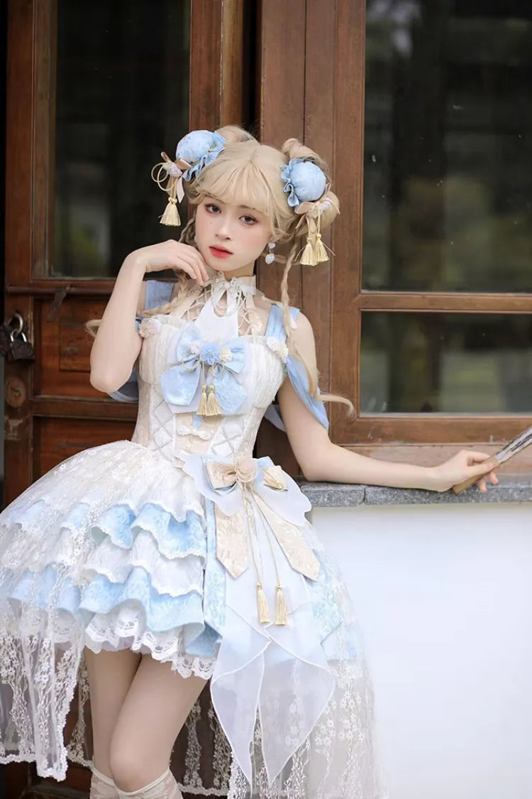 Baskenblaues, abnehmbares Lolita-Hals-Qi-Neckholder-Kleid mit gestuftem Rock und Taille