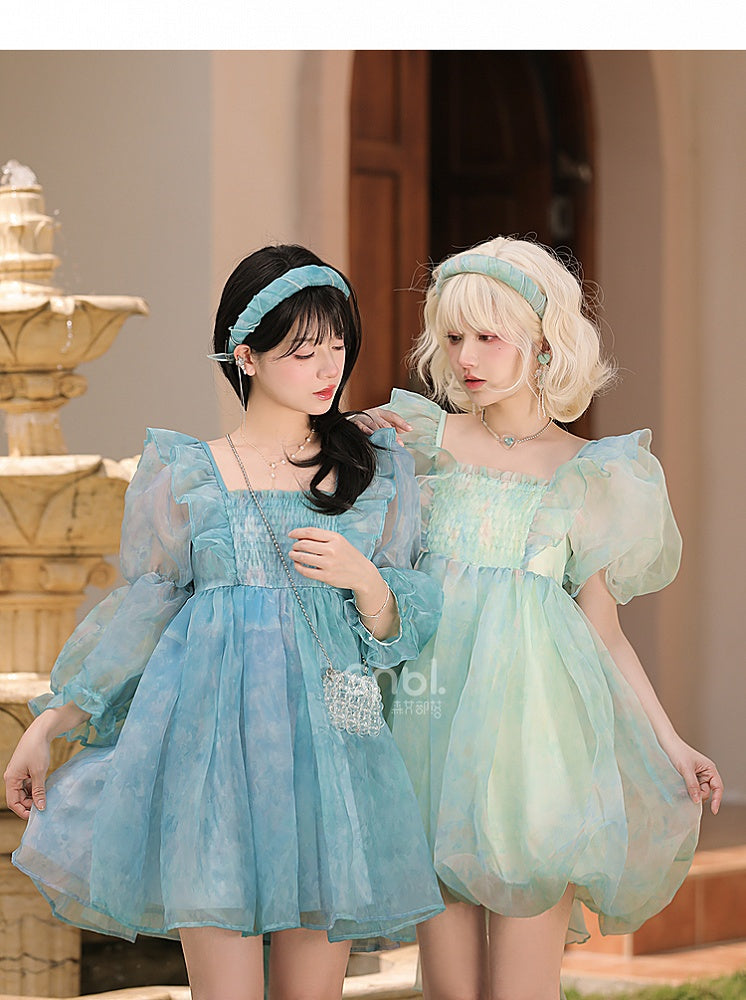 Green Short/Long Sleeves Short Bow with Sweet Detachable Version Dress Big