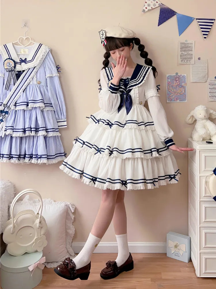 Full Sailor Lolita Skirt Set Summer Dress Tiered White OP