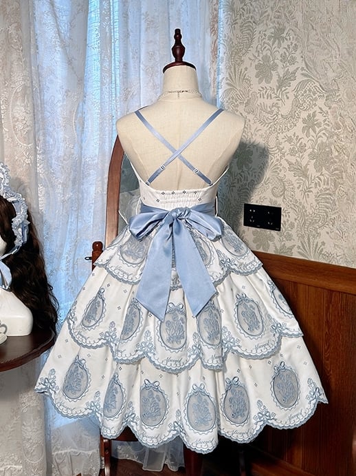 Scalloped Blue Skirt Lolita Edge White Backless Tulip and Dress Tiered Embroidery Elegant