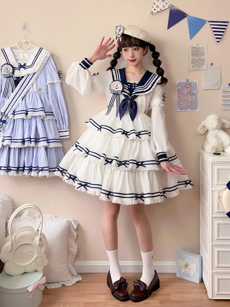 Full Sailor Lolita Skirt Set Summer Dress Tiered White OP