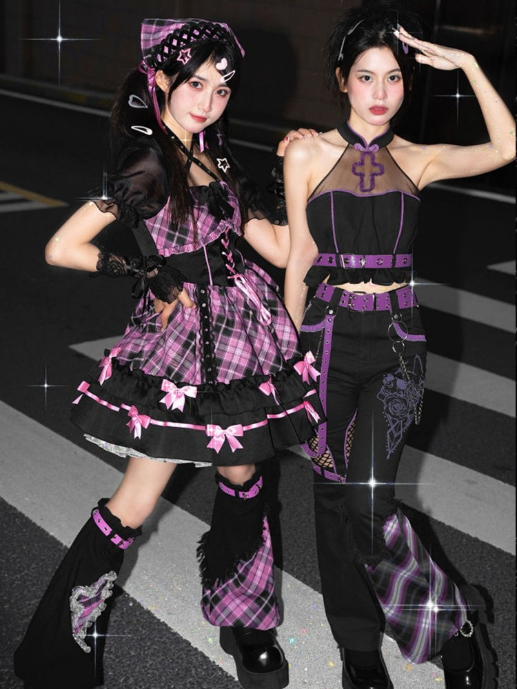 Neckholder-Kleid mit Schnürung und rosa Karomuster, einteilig, Idol-Kleid