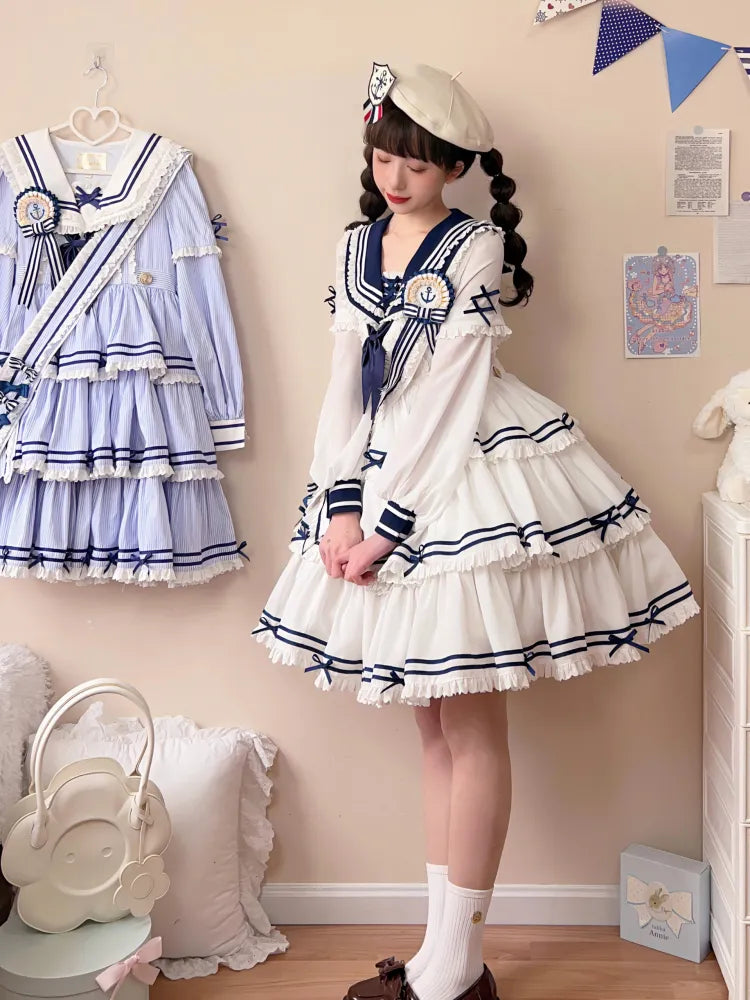 Full Sailor Lolita Skirt Set Summer Dress Tiered White OP
