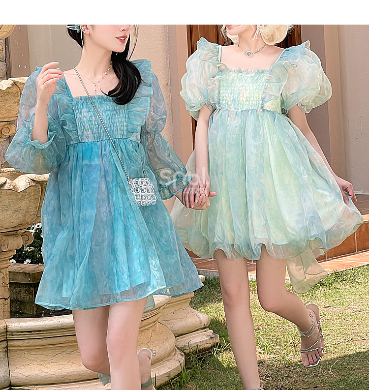 Green Short/Long Sleeves Short Bow with Sweet Detachable Version Dress Big