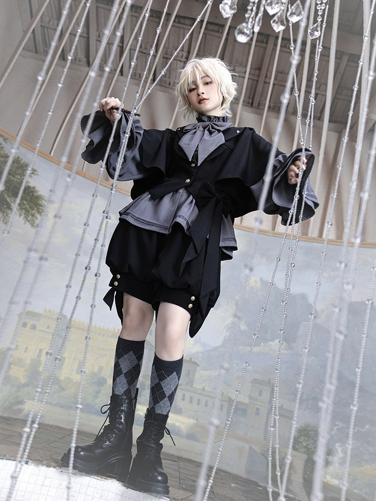 Lolita Shirt Grau Poet Ärmel Rüschen Mode Ouji Ausschnitt Bischof