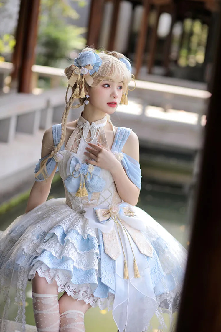 Baskenblaues, abnehmbares Lolita-Hals-Qi-Neckholder-Kleid mit gestuftem Rock und Taille