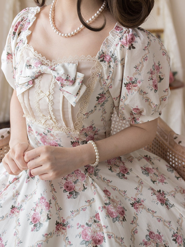 Kleid Square Fashion Print Weißer Ausschnitt Lolita Floral Off Elegant