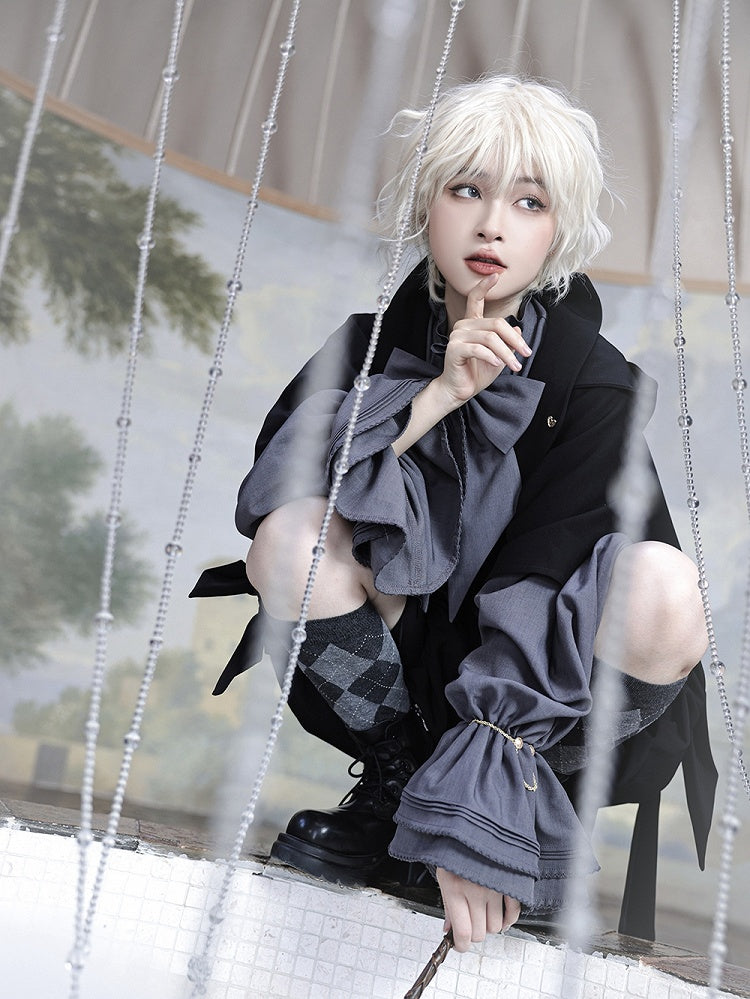 Lolita Shirt Grau Poet Ärmel Rüschen Mode Ouji Ausschnitt Bischof