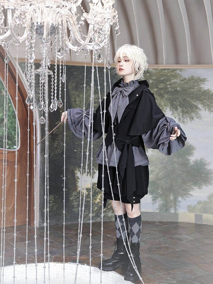 Lolita Shirt Grau Poet Ärmel Rüschen Mode Ouji Ausschnitt Bischof