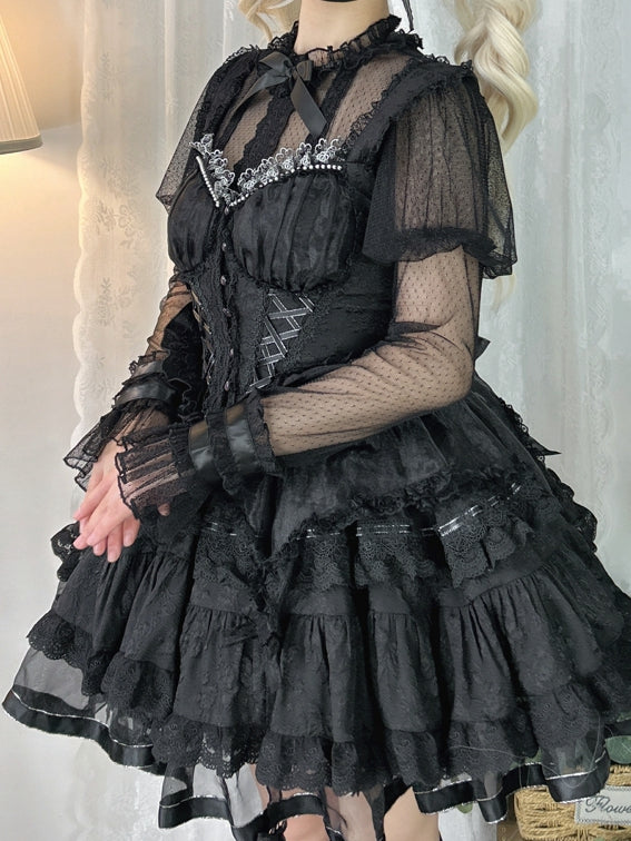 Schwarze transparente Bluse mit Rüschenausschnitt und Juliette-Ärmeln