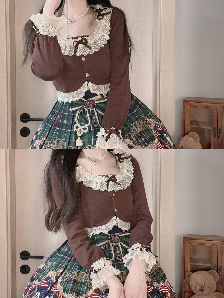 with Sleeves Accents Delicate Lace Cardigan and Coffee Bow Cozy Long Trim
