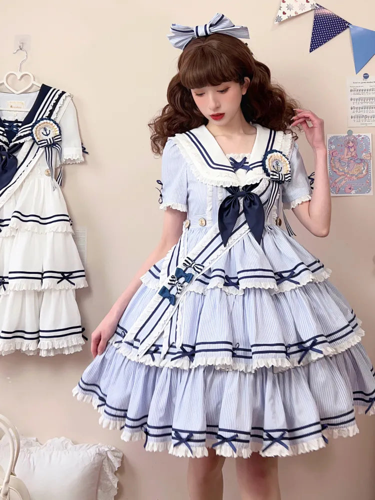 Striped Blue with Sleeves Detachable Lolita Collar Summer Dress Short Sailor