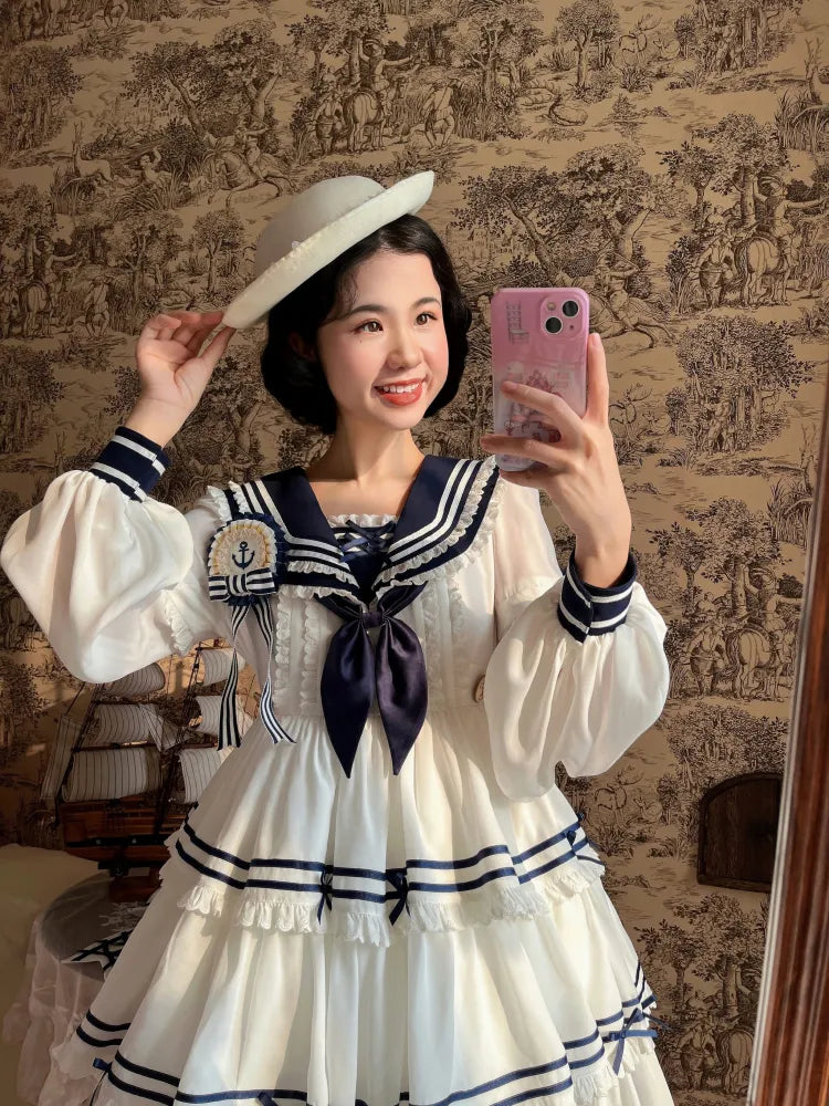 Full Sailor Lolita Skirt Set Summer Dress Tiered White OP