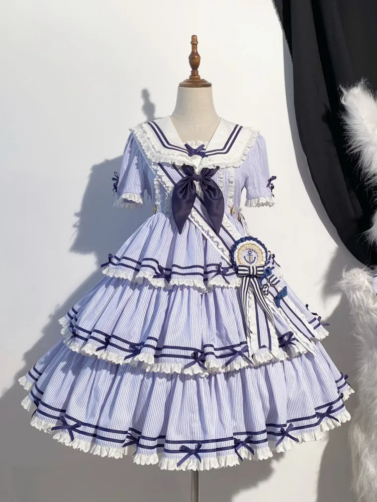 Sailor Striped OP Set Skirt Summer Full Lolita Pattern Dress Blue Tiered