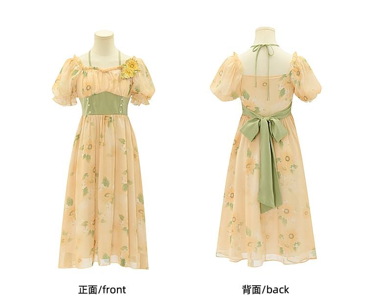 Halter Sunflowers Free Brooch Print Dress Neck