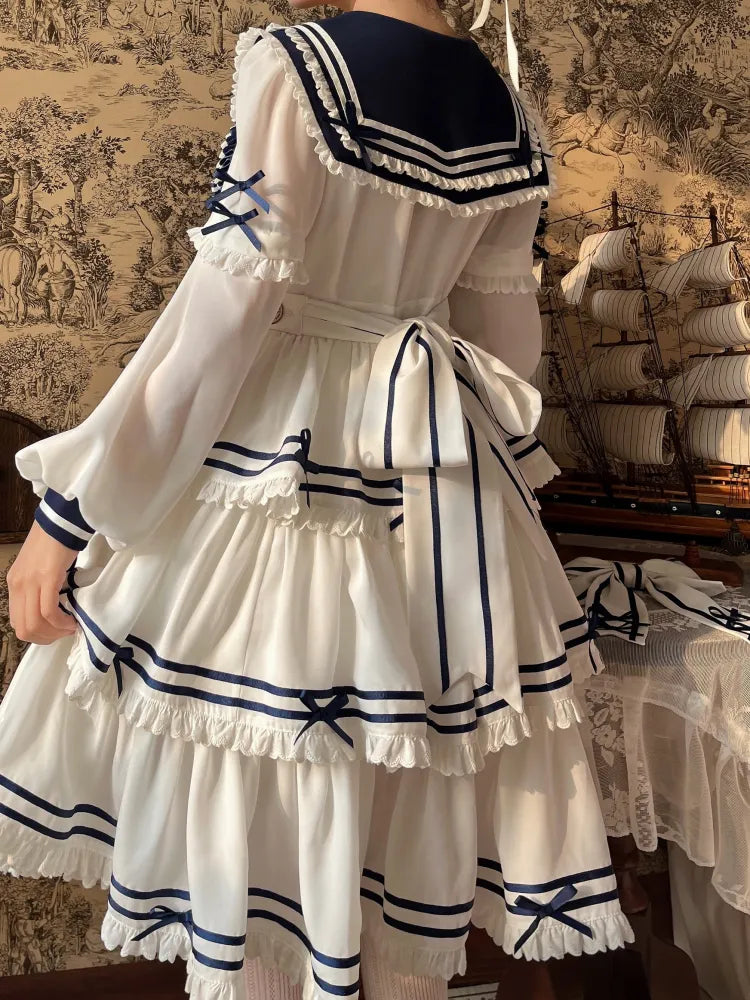 Full Sailor Lolita Skirt Set Summer Dress Tiered White OP