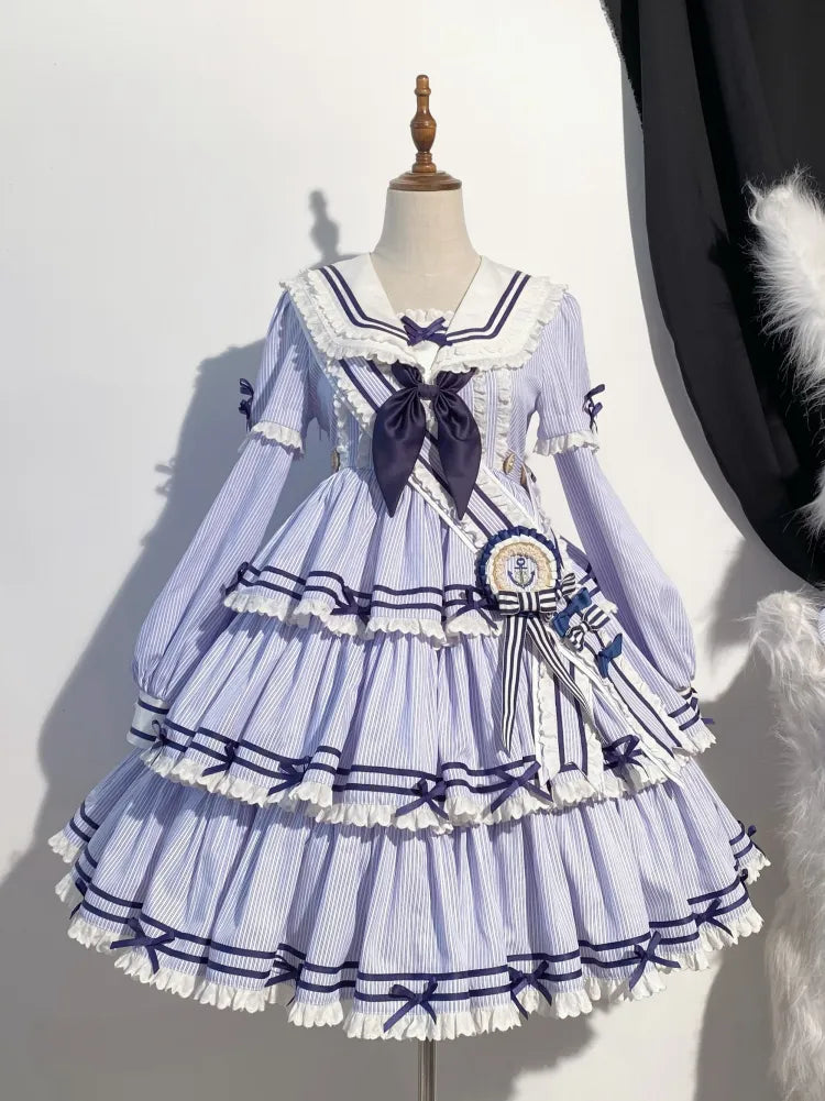 Sailor Striped OP Set Skirt Summer Full Lolita Pattern Dress Blue Tiered