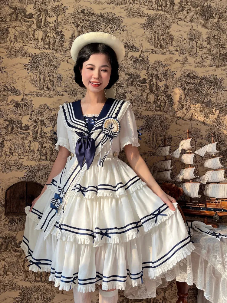 Full Sailor Lolita Skirt Set Summer Dress Tiered White OP