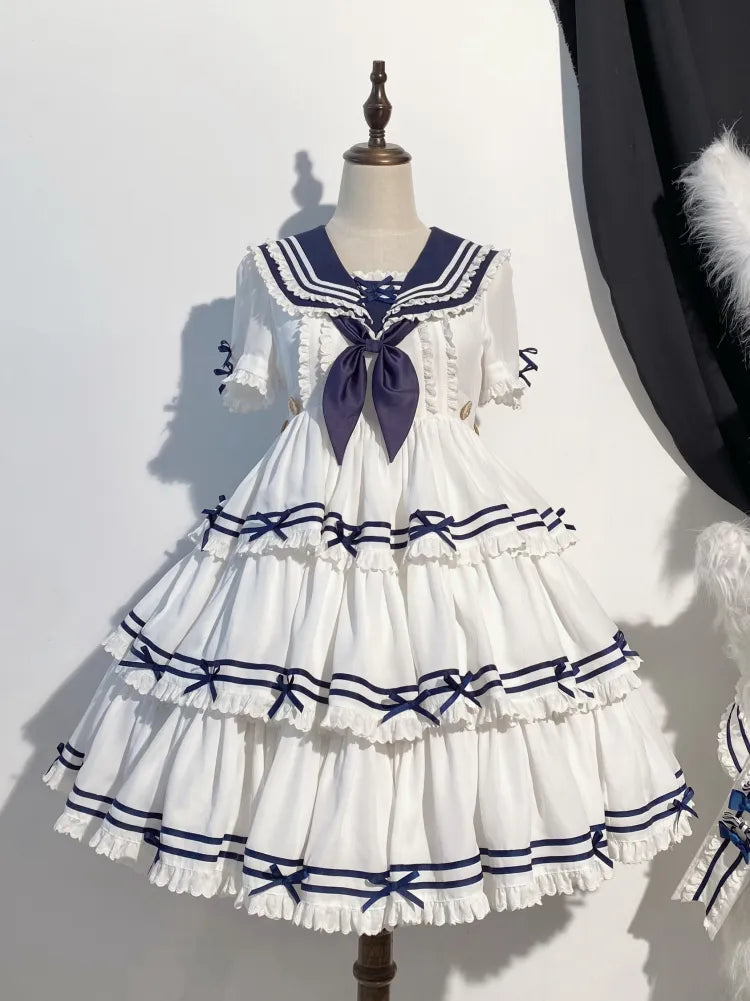 Full Sailor Lolita Skirt Set Summer Dress Tiered White OP