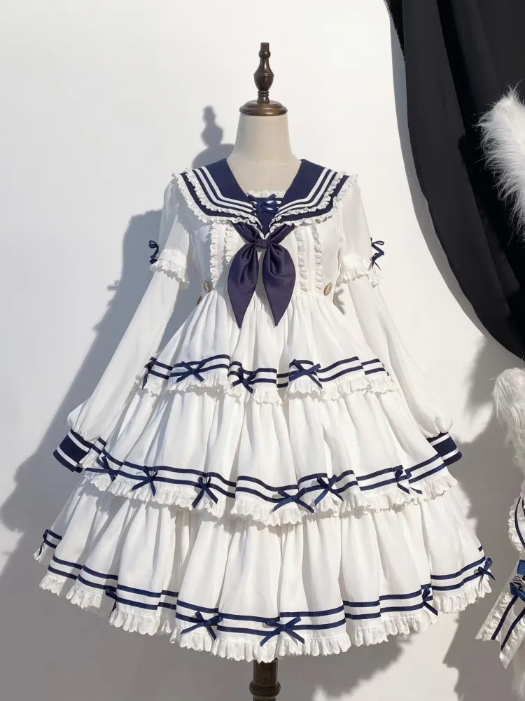 Full Sailor Lolita Skirt Set Summer Dress Tiered White OP