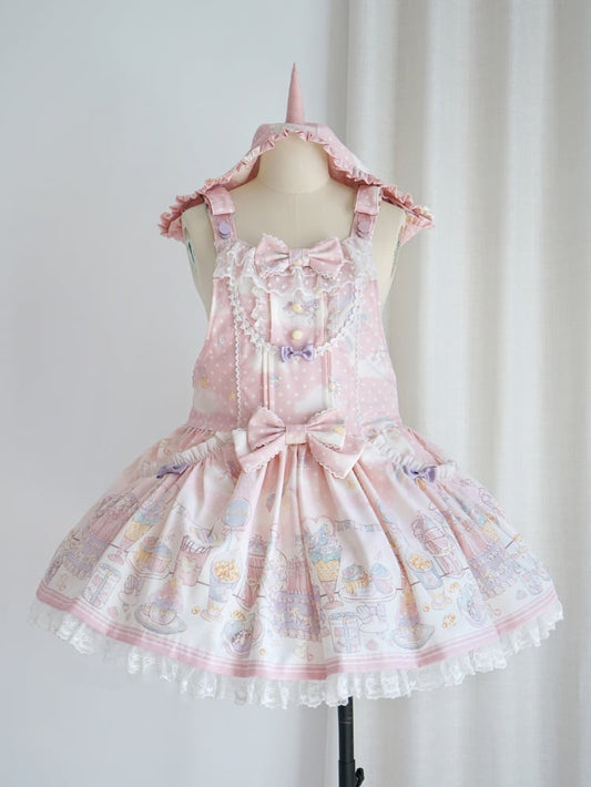 ユニコーンとデザートピンクのスイートロリータ取り外し可能なフード付きオーバーオールドレス