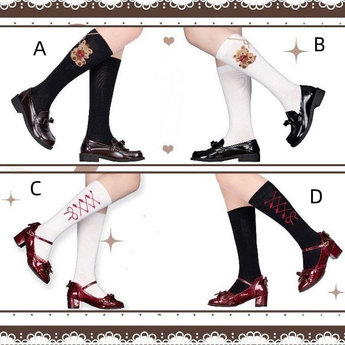 Bear Bow Lace-up Print Lolita Under Knee Stockings