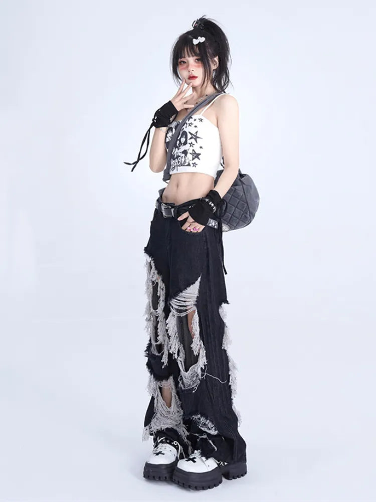 Fringes Design Distressed Raw Black Holes Jeans