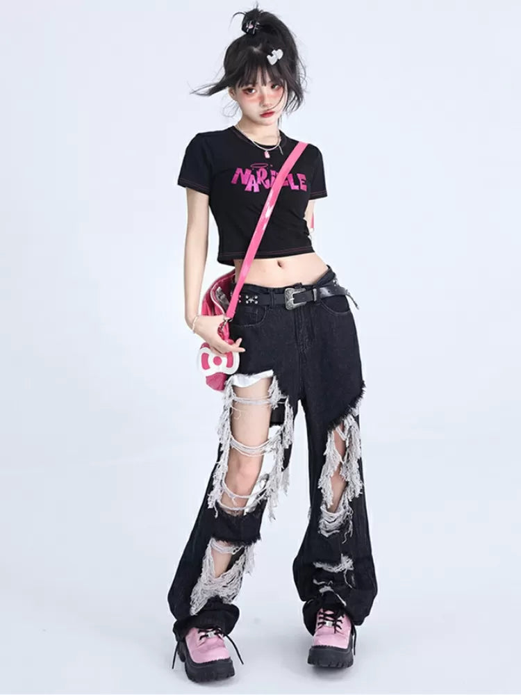 Fringes Design Distressed Raw Black Holes Jeans