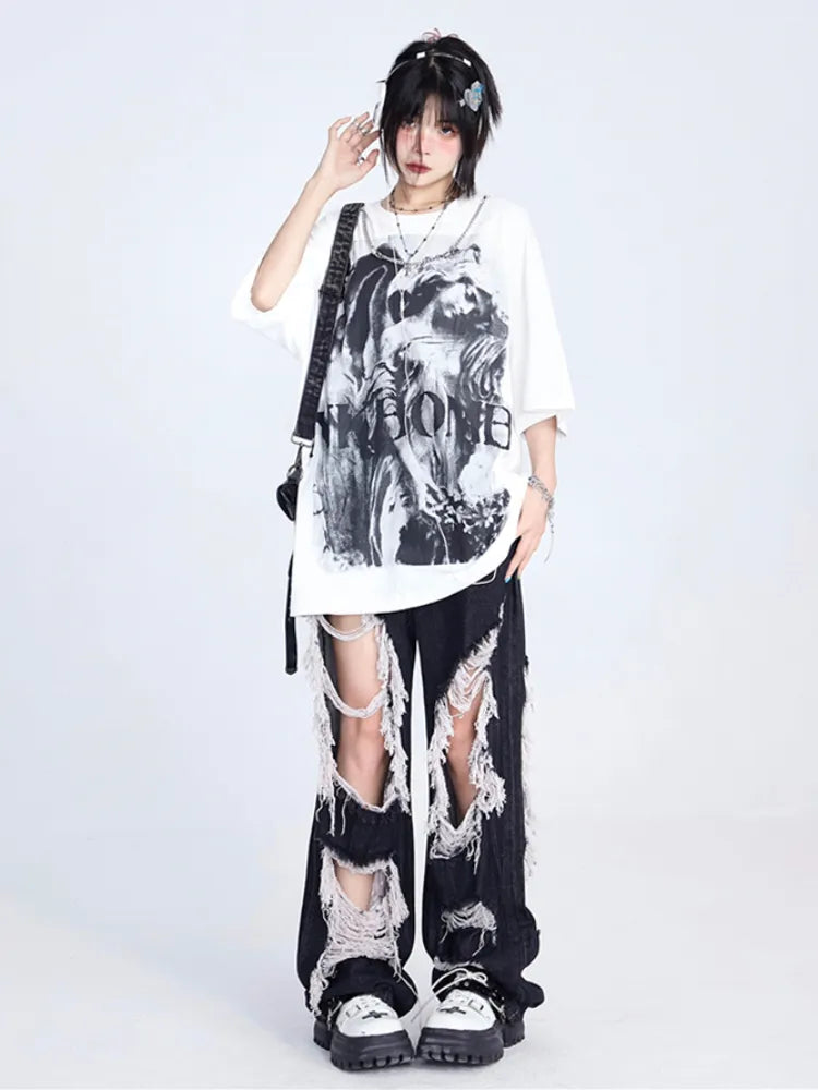 Fringes Design Distressed Raw Black Holes Jeans