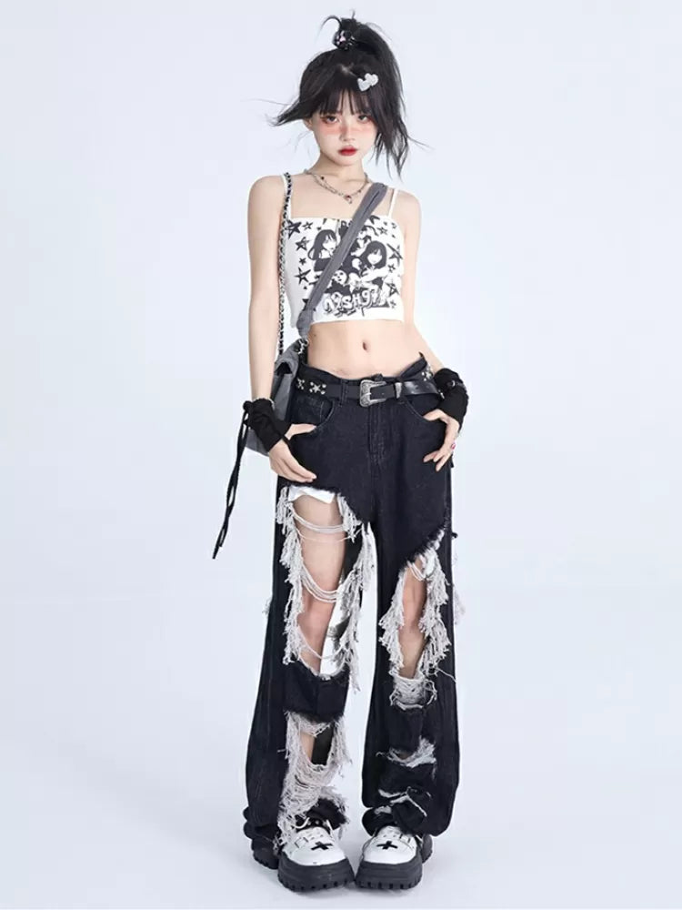 Fringes Design Distressed Raw Black Holes Jeans