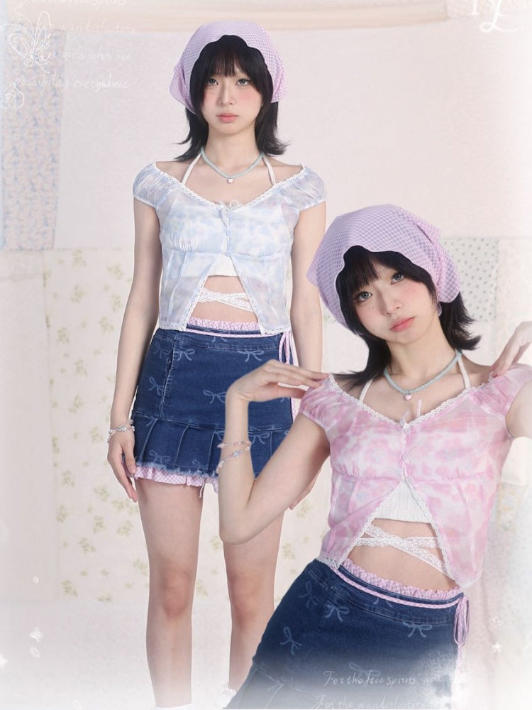 ピンクの花柄レーストリムVネックトップス
