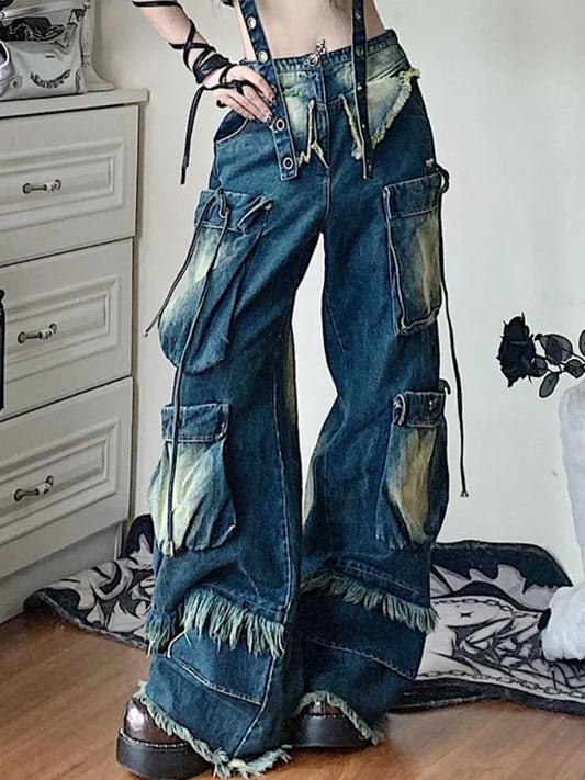 Cargo Punk Wash Wasteland Faded Pockets Jeans Wide Leg