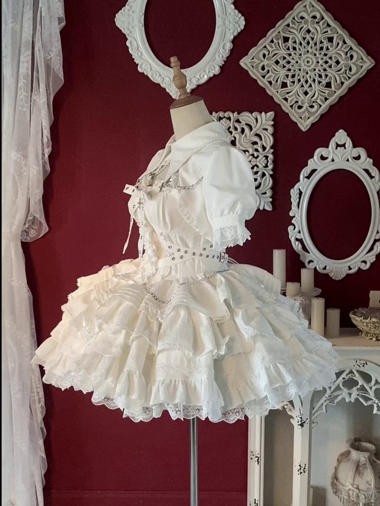 White Goth Short Jumper Skirt Adjustable Criss-cross Straps Waist