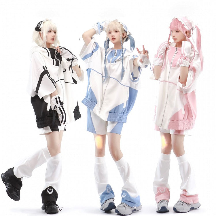 Front Tenshi White Jacket Up Blue Sleeves Kaiwai Light and Sweatershirt Zip Elbow-length
