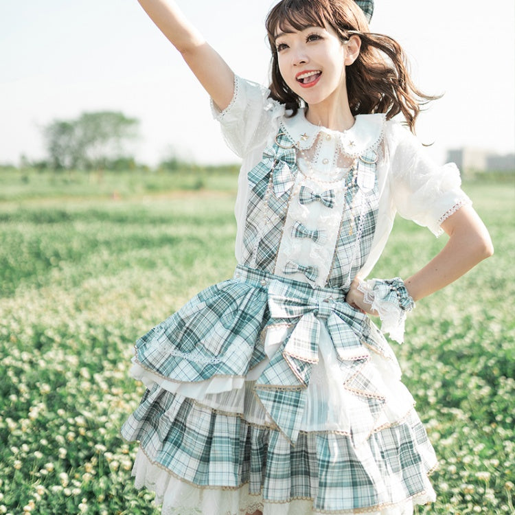 グリーンのチェック柄フリルスカートのアイドルドレス、ロリータオーバーオール