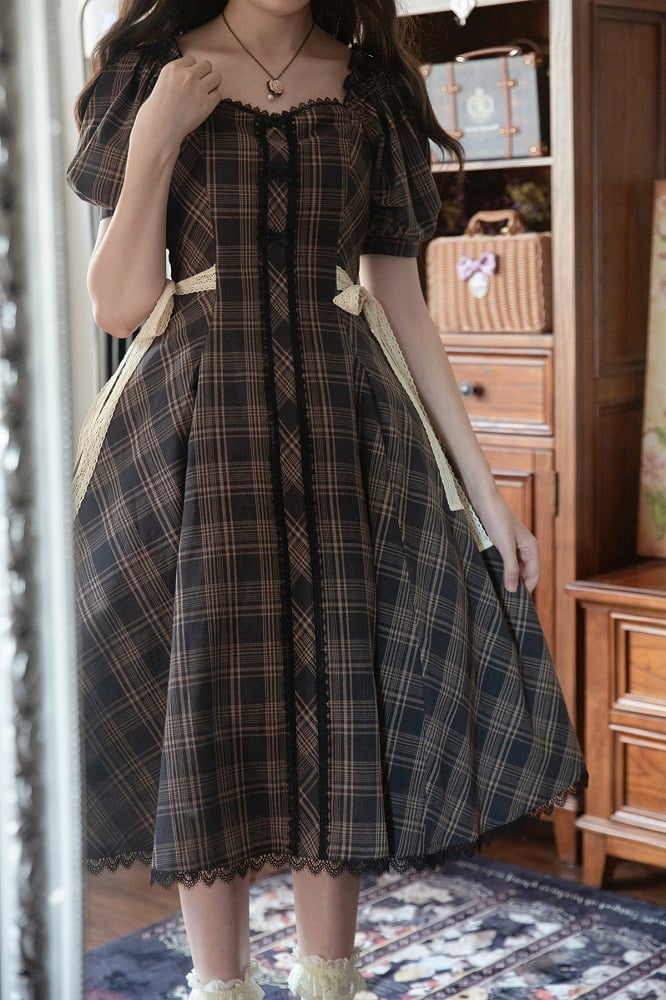 Schwarzes Kleid Fit Muster Schlanke Taille Plaid Kurze Ärmel Lolita