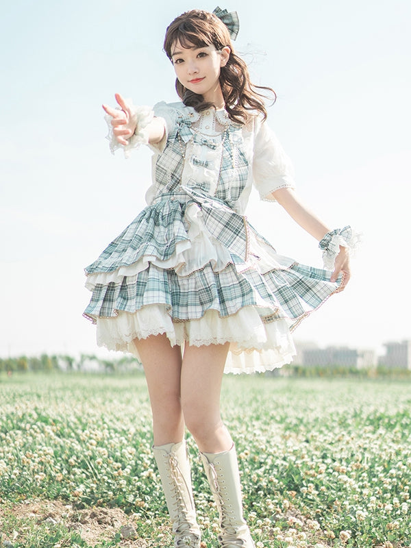 グリーンのチェック柄フリルスカートのアイドルドレス、ロリータオーバーオール