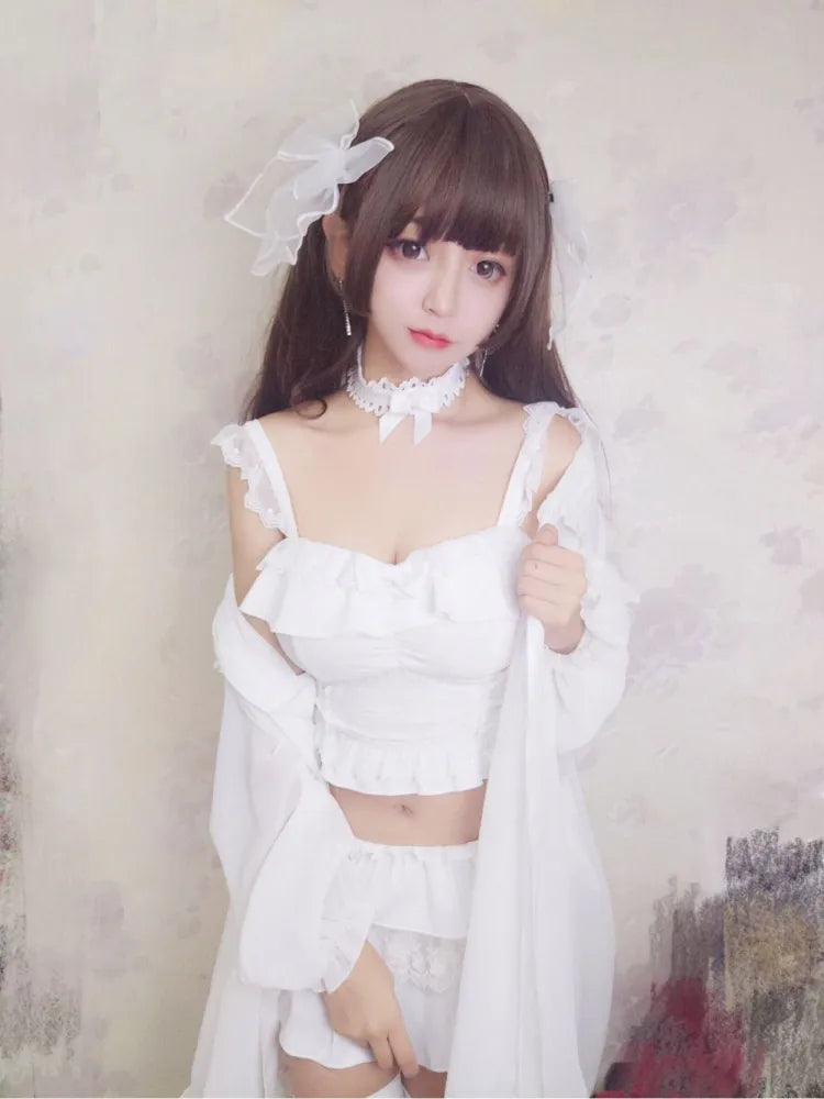 Details Tiered Trim White Bowknot Ruffle Skirt + Top Swimsuit