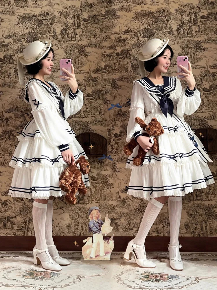 Full Sailor Lolita Skirt Set Summer Dress Tiered White OP